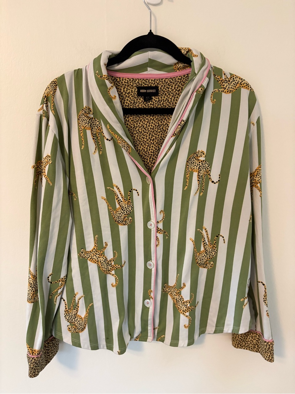 Room Service Green & White Striped Leopard Print Pajama Set - size medium - Picture 5 of 9